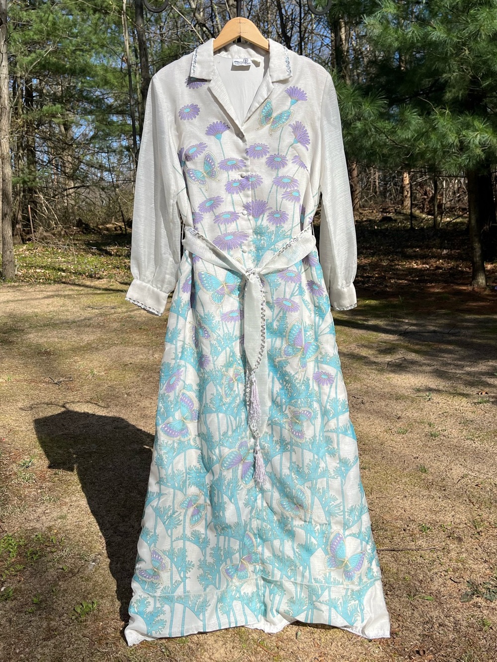 60s Alfred Shaheen Hawaii Butterfly Floral Maxi Dress Size 16 Retro Glam Boho